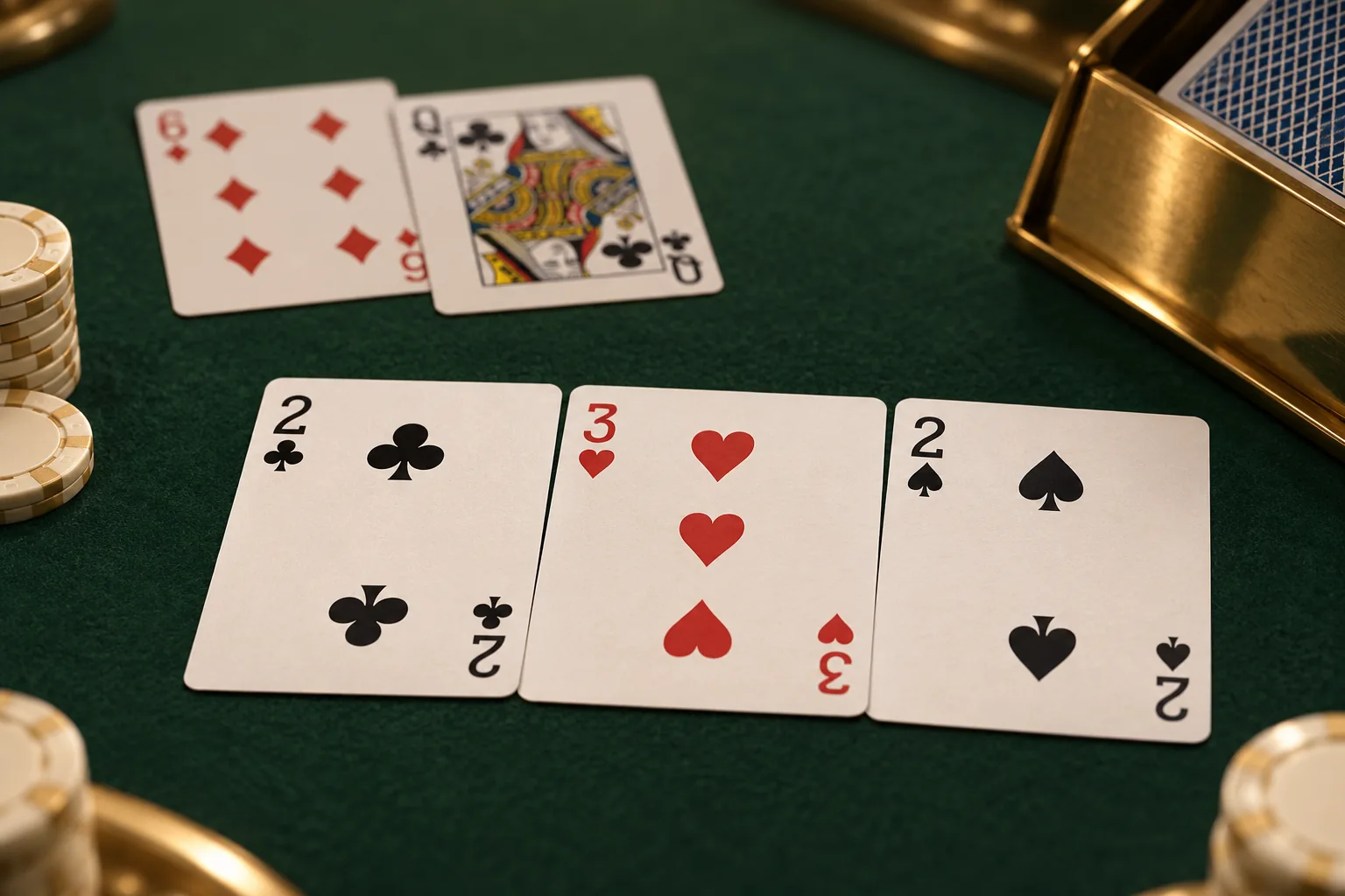 百家樂牌桌前排2、3、2合共7點，後排6同Q合共6點