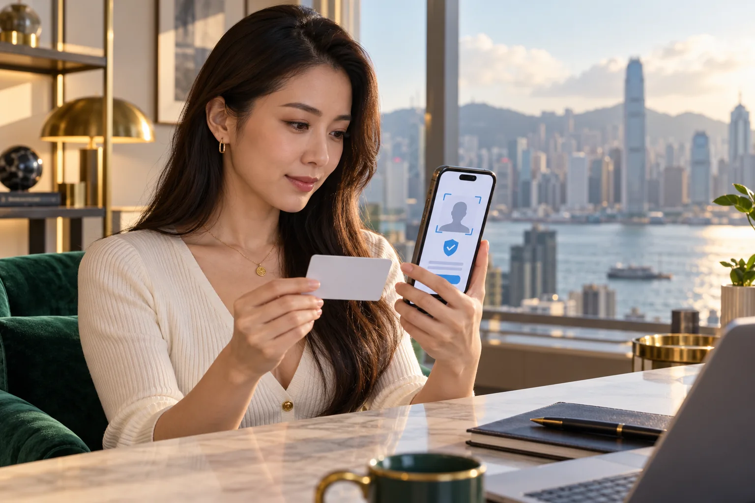 女子喺香港海港窗景旁核對手機身份驗證畫面同卡片